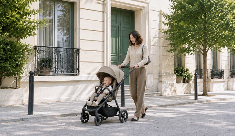 Maman promenant son bébé en poussette dans une rue résidentielle arborée