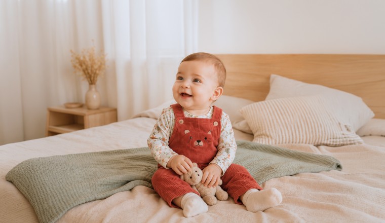 Bébé assis sur un lit avec un doudou, portant une salopette en velours côtelé et un body imprimé