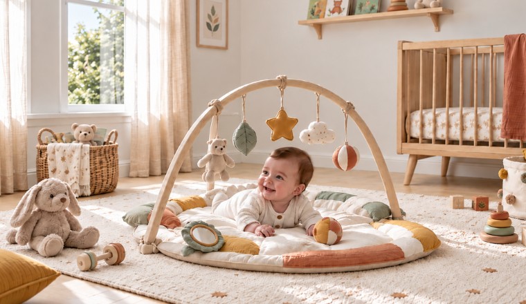 Bébé jouant sur un tapis d'éveil avec arche en bois et jouets aux tons ocre, sauge et terracotta