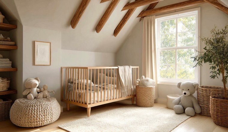 Chambre de bébé lumineuse sous les combles avec lit en bois clair, matières naturelles et peluches