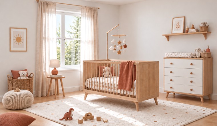 Chambre de bébé douce et lumineuse avec lit en bois clair, mobile et décoration terracotta