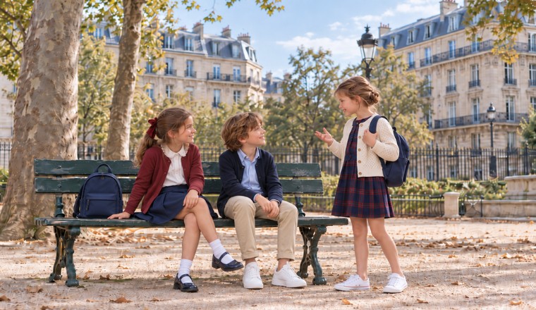 Trois enfants en tenue de rentrée discutant autour d’un banc dans un square