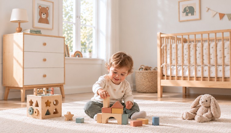 Jeune enfant jouant avec des jeux d'éveil dans une chambre de bébé lumineuse