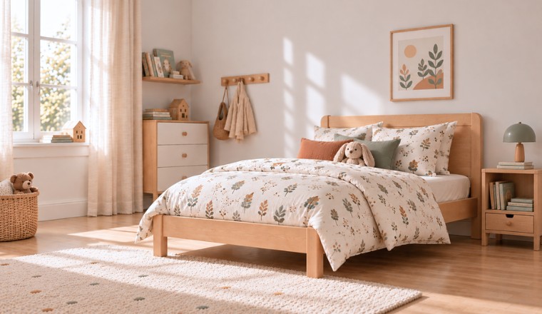 Chambre d'enfant lumineuse avec lit en bois, linge de lit illustré, livres et peluches