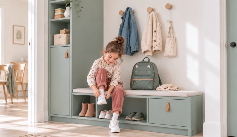 Petite fille mettant ses chaussures dans une entrée avec cartable et vêtements d'enfant