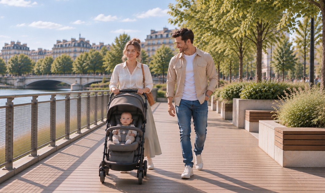 Couple se promenant avec leur bébé en poussette au bord de l’eau dans un environnement urbain arboré