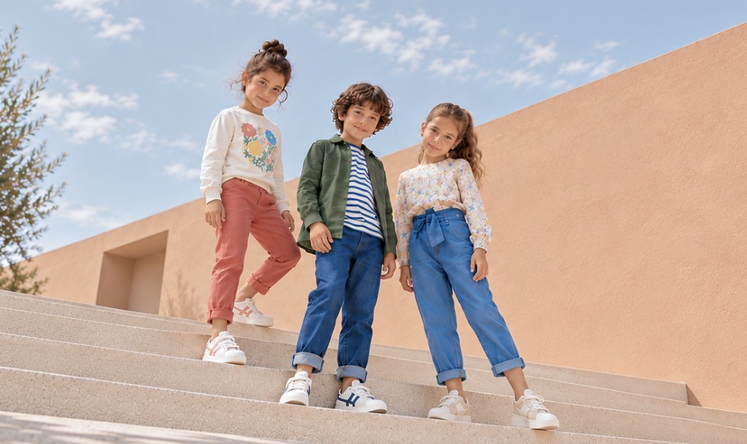 Trois enfants en vêtements colorés sur des marches devant une architecture aux tons doux.