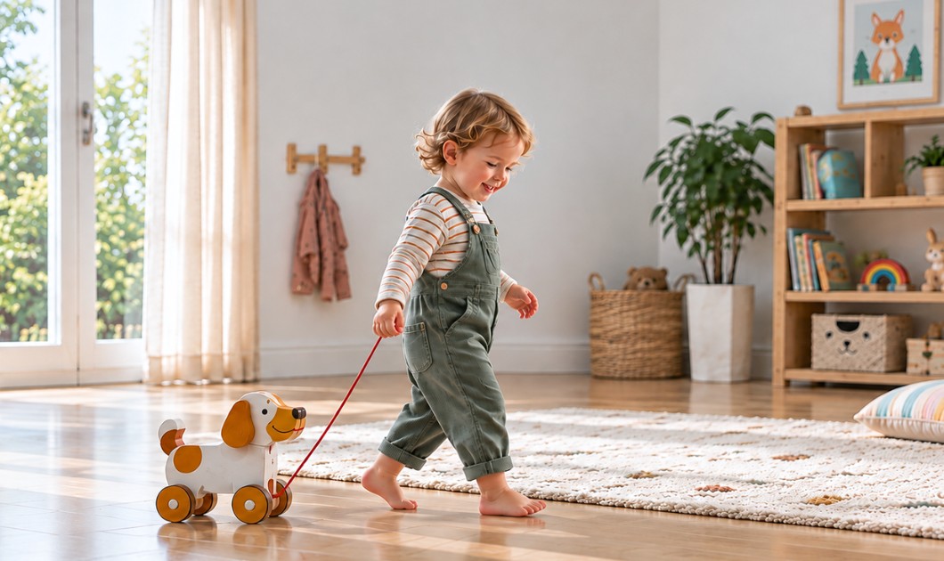 Enfant marchant dans une chambre avec un chien à tirer en bois