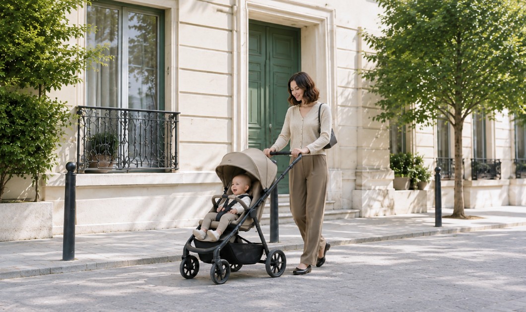 Maman promenant son bébé en poussette dans une rue résidentielle arborée