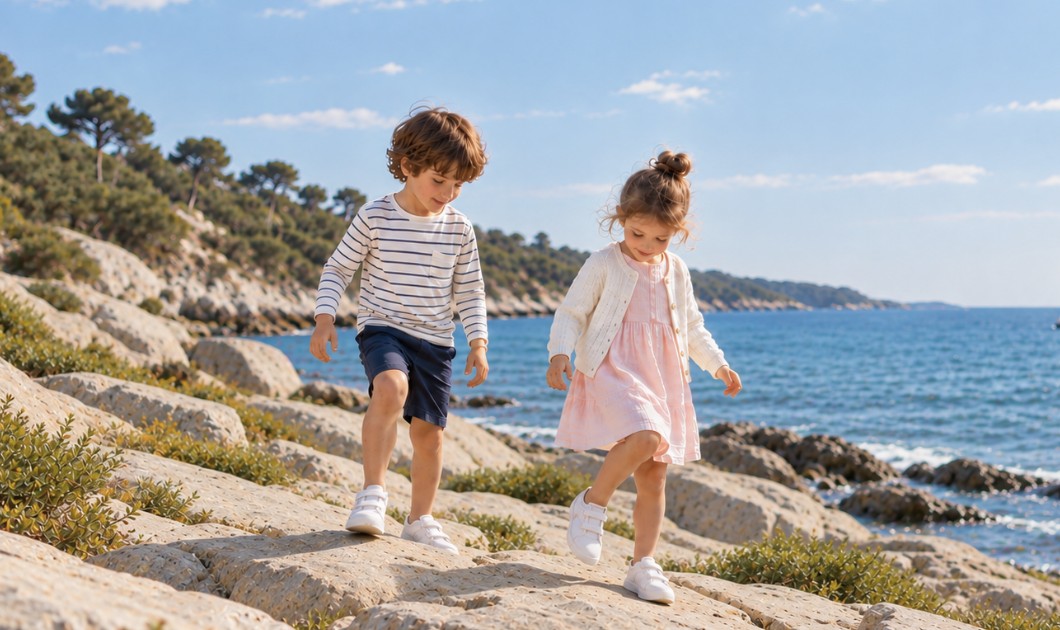 Deux enfants en tenues de mi-saison marchant sur des rochers au bord de la mer