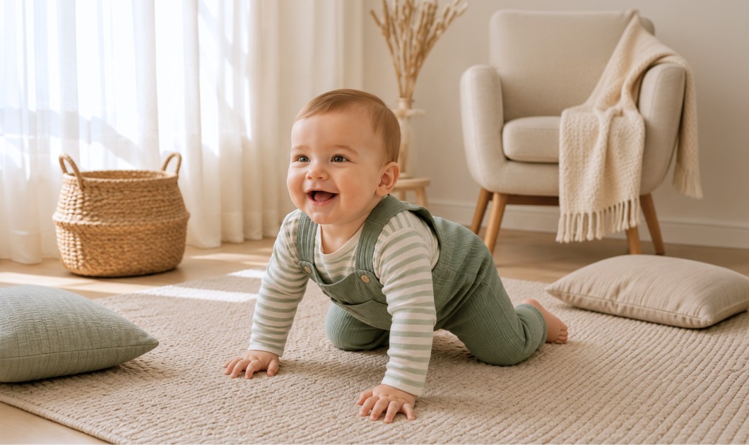 Bébé en salopette vert sauge en gaze de coton rampant sur un tapis dans un salon lumineux