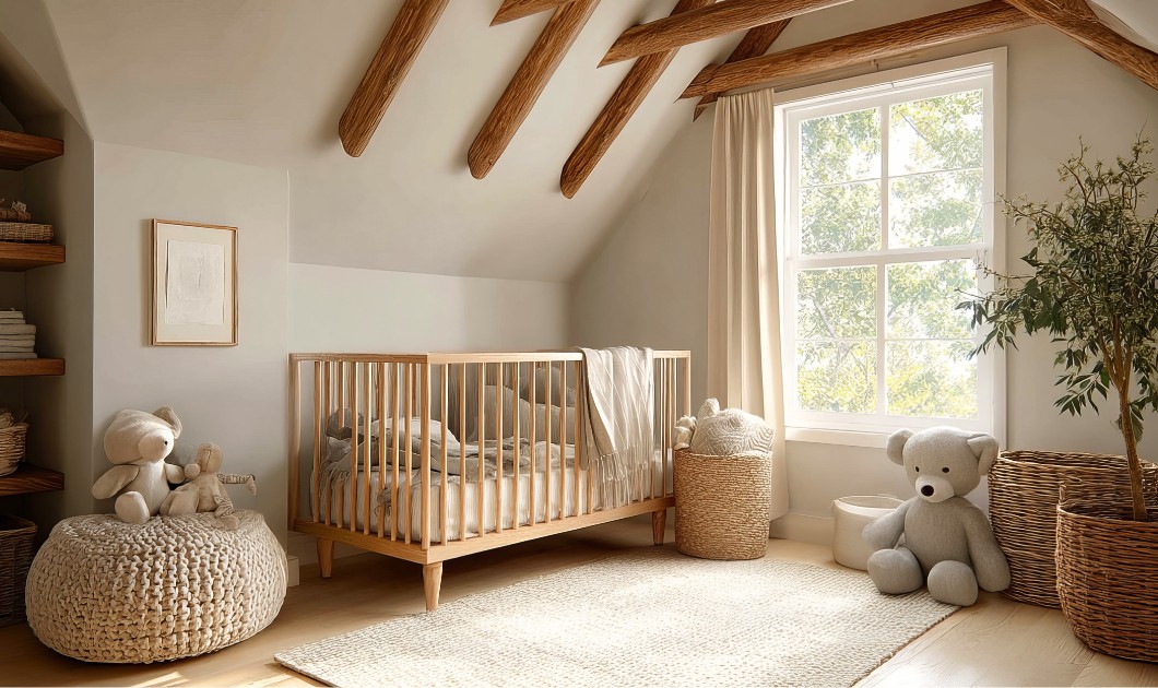 Chambre de bébé lumineuse sous les combles avec lit en bois clair, matières naturelles et peluches