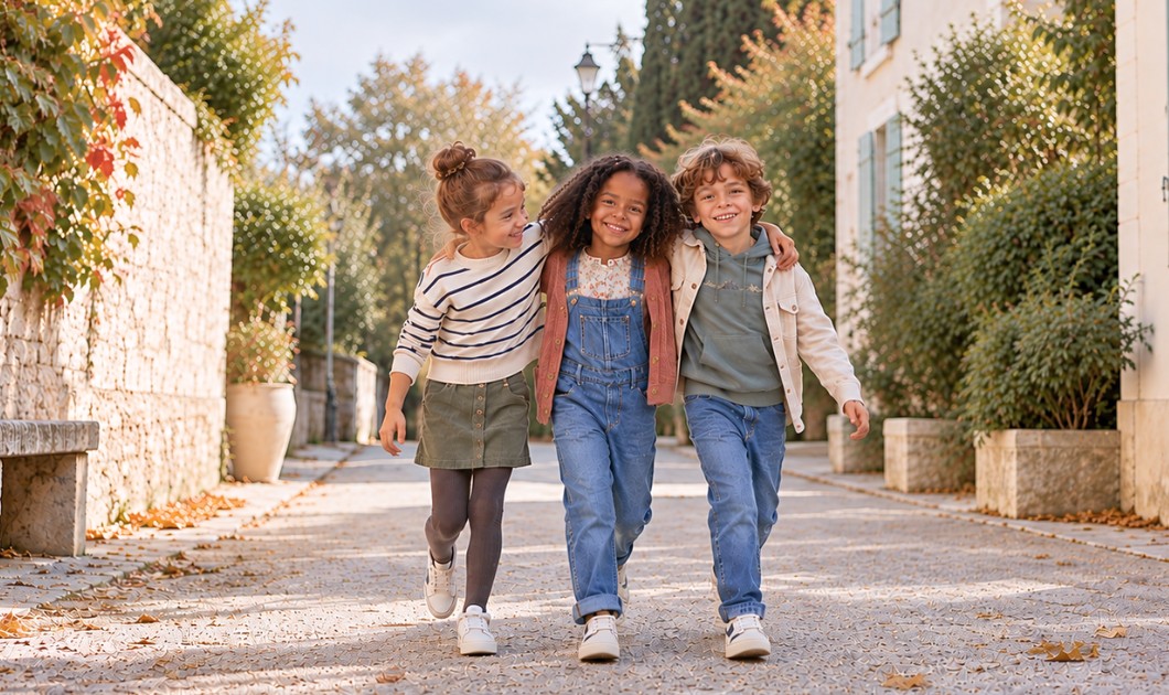 Trois enfants en vêtements d'automne marchant bras dessus bras dessous dans une rue
