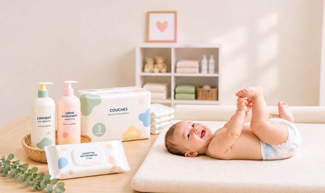 Bébé allongé sur un matelas à langer avec couches, liniment, crème hydratante et lingettes