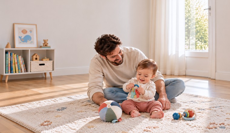 Père jouant avec son bébé assis sur un tapis entouré de jouets d’éveil dans une chambre lumineuse et chaleureuse