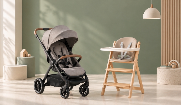 Poussette grise et chaise haute évolutive en bois clair dans un studio lumineux au fond vert sauge