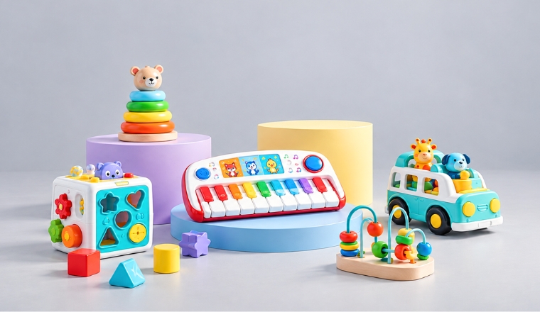 Sélection de jouets d’éveil colorés avec piano musical, cube d’activités, jeu de perles et véhicule sur fond gris clair