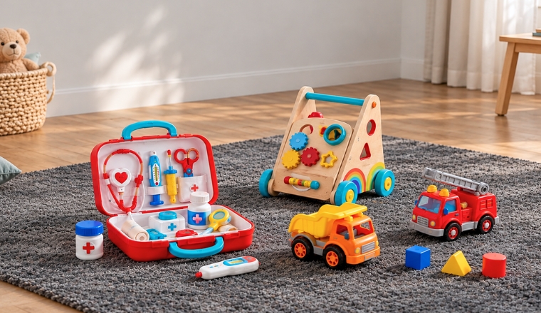 Jouets d’éveil et d’imitation colorés sur un tapis gris, avec mallette de docteur, chariot d’activités en bois et petits camions.
